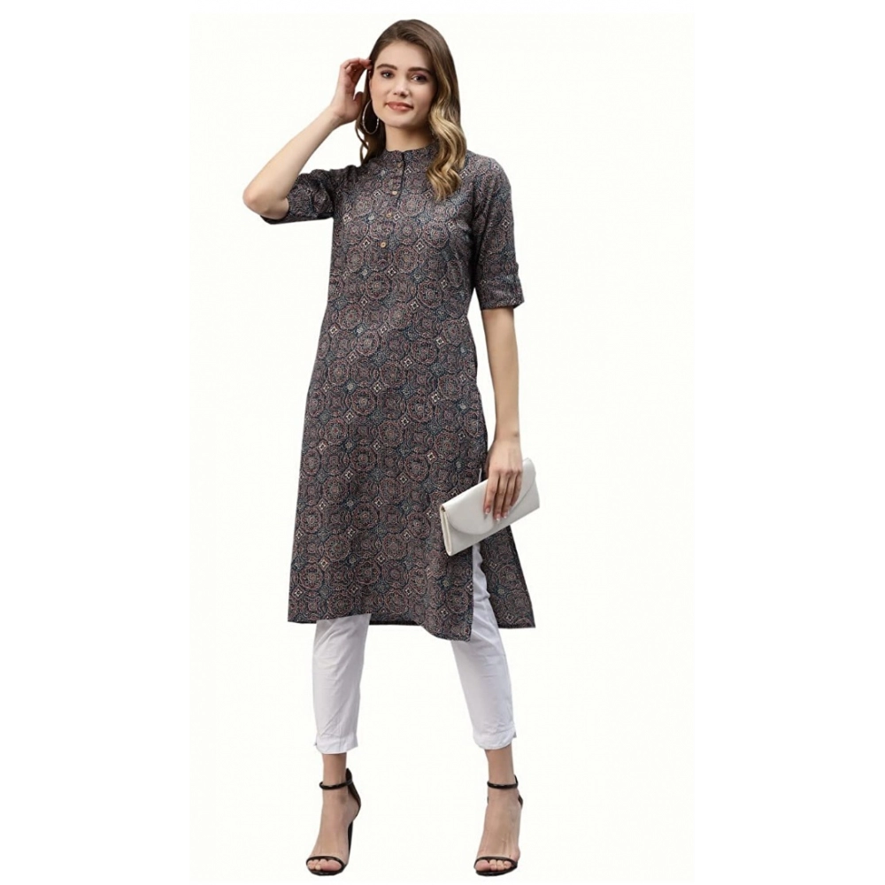 Generic Women's Cotton Printed Straight Kurti (Dark Blue, Cotton)