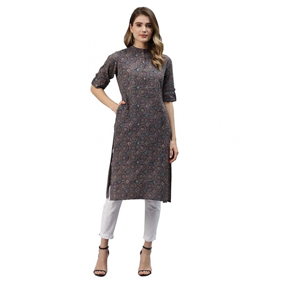 Generic Women's Cotton Printed Straight Kurti (Dark Blue, Cotton)