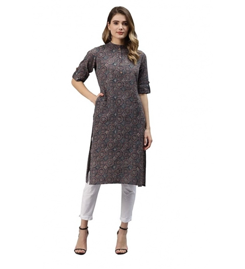 Generic Women's Cotton Printed Straight Kurti (Dark Blue, Cotton)
