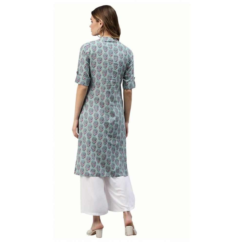 Generic Women's Cotton Printed Straight Kurti (Blue, Cotton)