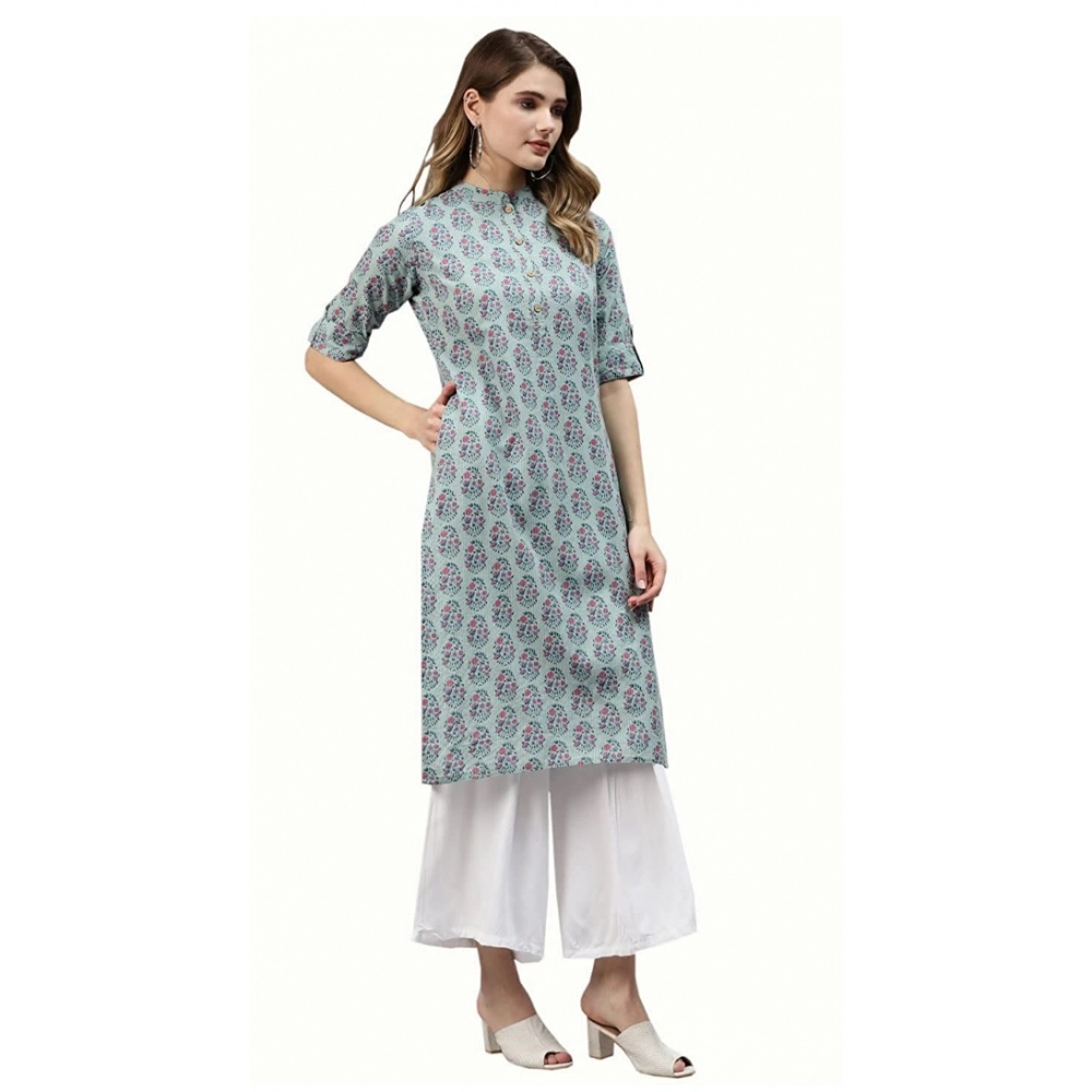 Generic Women's Cotton Printed Straight Kurti (Blue, Cotton)
