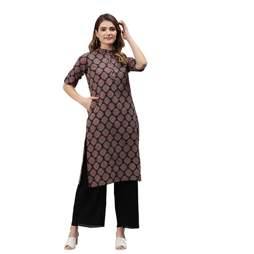 Generic Women's Cotton Printed Straight Kurti (Black, Cotton)