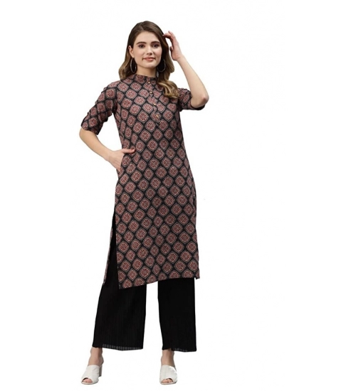Generic Women's Cotton Printed Straight Kurti (Black, Cotton)