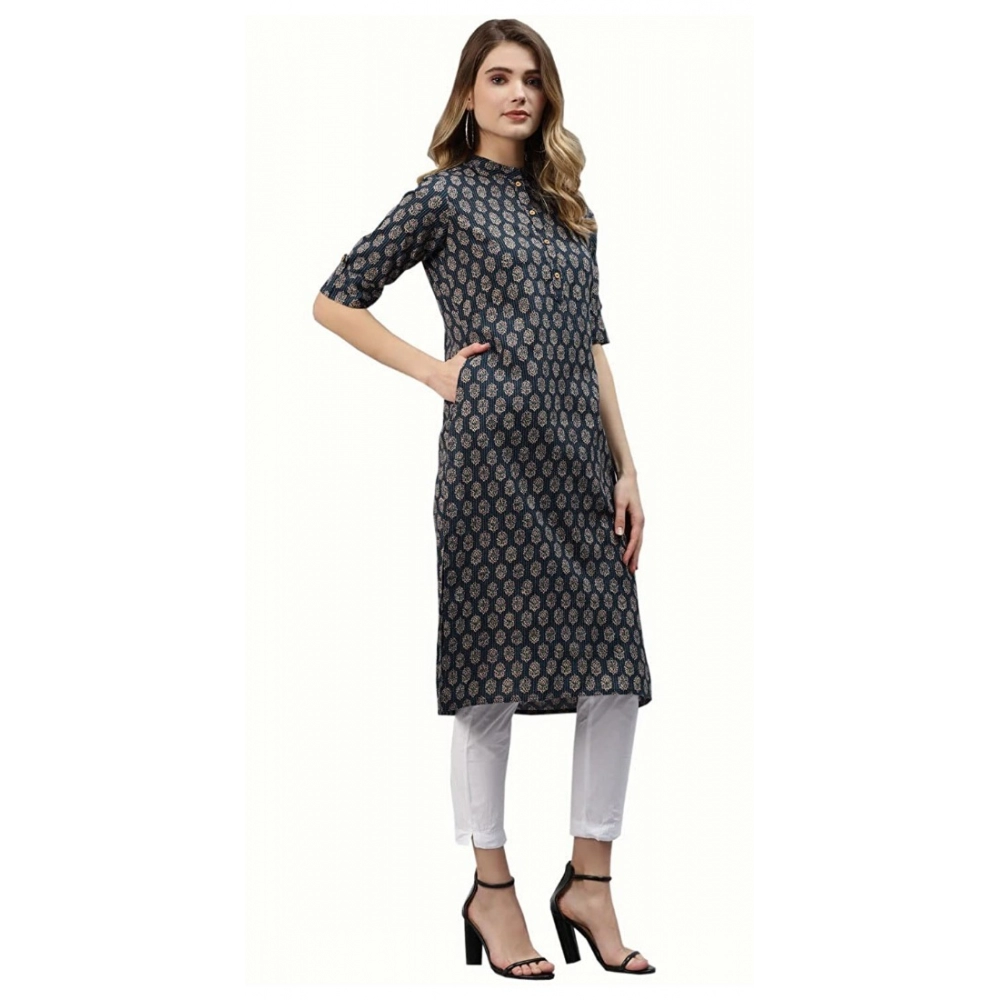 Generic Women's Cotton Printed Straight Fit Kurti (Blue, Cotton)