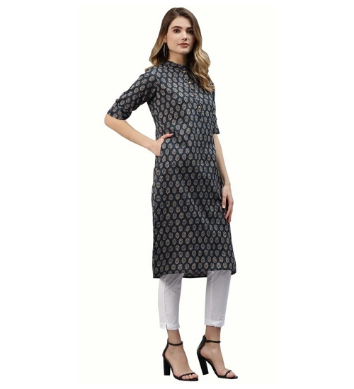 Generic Women's Cotton Printed Straight Fit Kurti (Blue, Cotton)