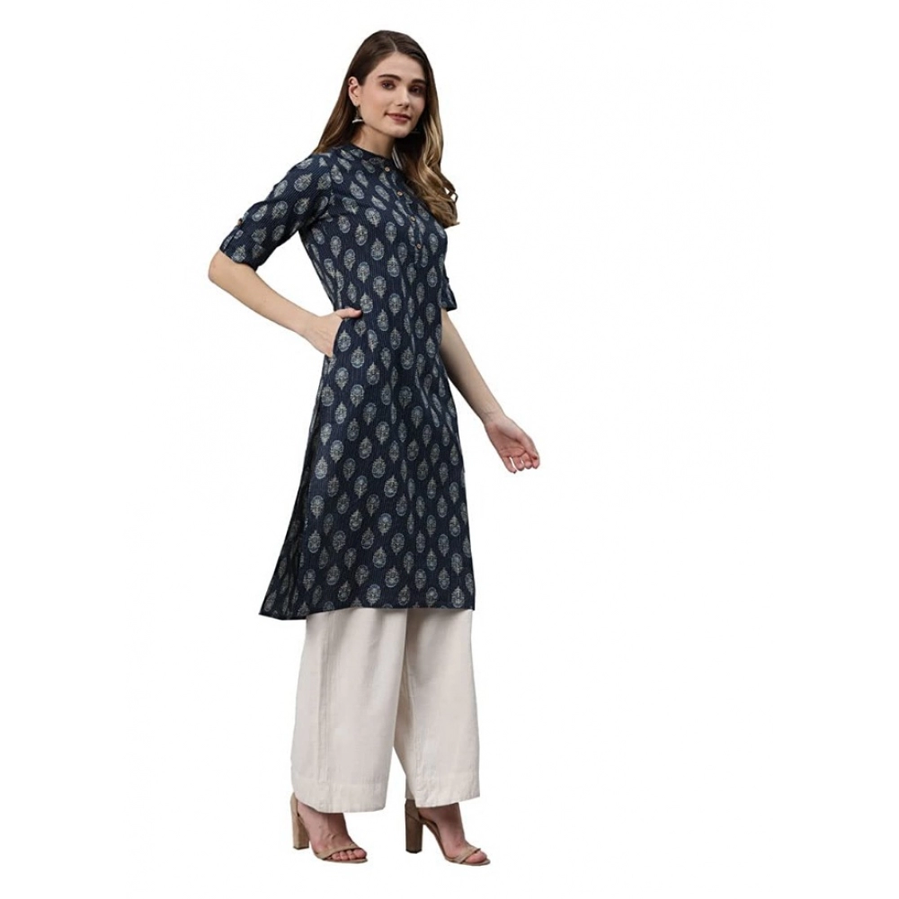 Generic Women's Cotton Printed Straight Fit Kurti (Navy Blue, Cotton)