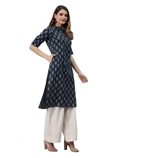 Generic Women's Cotton Printed Straight Fit Kurti (Navy Blue, Cotton)