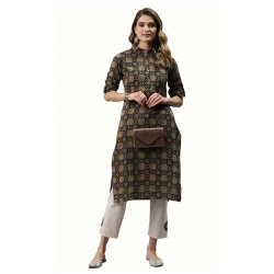Generic Women's Cotton Printed Straight Fit Kurti (Black, Cotton)