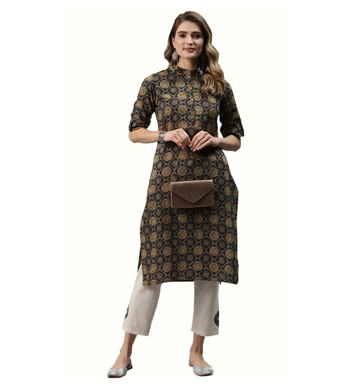 Generic Women's Cotton Printed Straight Fit Kurti (Black, Cotton)