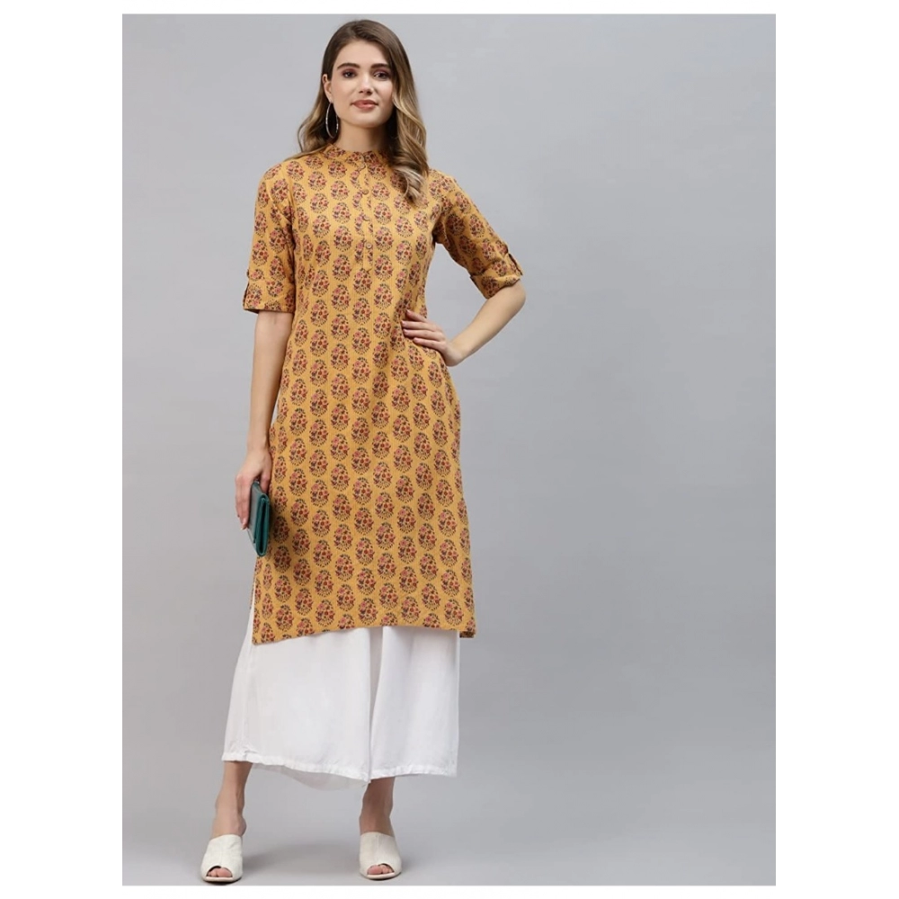 Generic Women's Pure Cotton Printed Straight Kurti (Mustard, Pure Cotton)