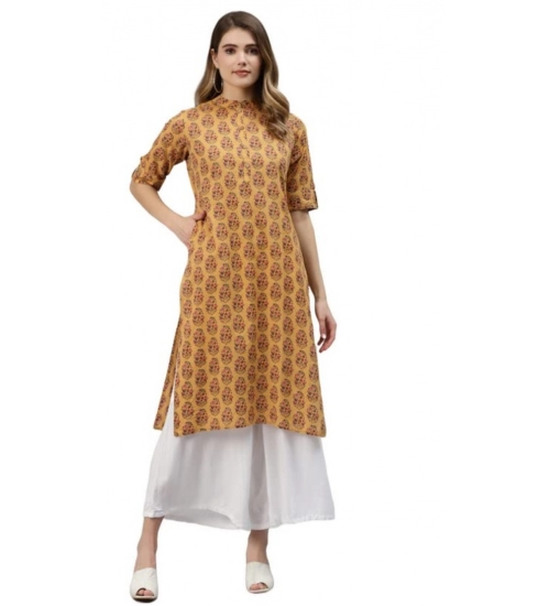 Generic Women's Pure Cotton Printed Straight Kurti (Mustard, Pure Cotton)