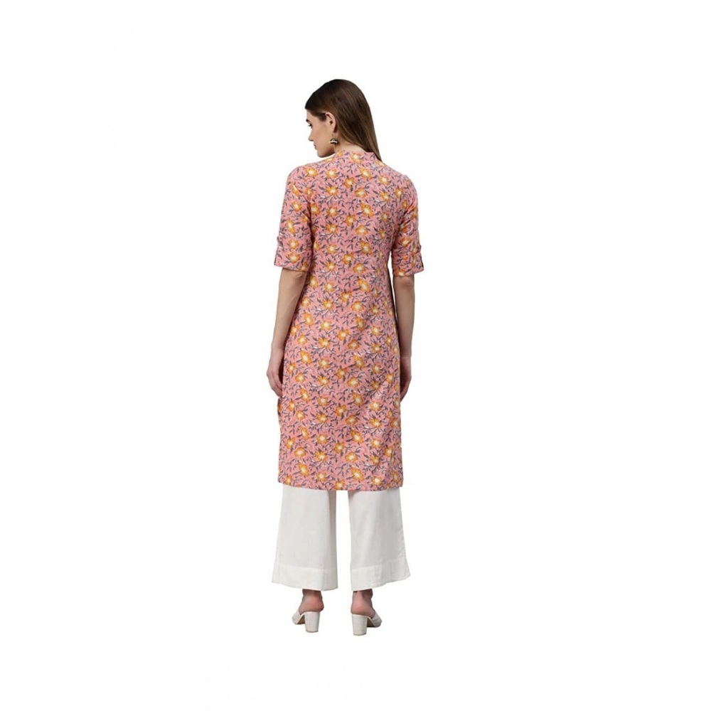 Generic Women's Cotton Printed Straight Kurti (Pink, Cotton)