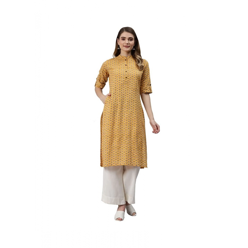 Generic Women's Cotton Printed Straight Kurti (Mustard, Cotton)
