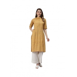 Generic Women's Cotton Printed Straight Kurti (Mustard, Cotton)