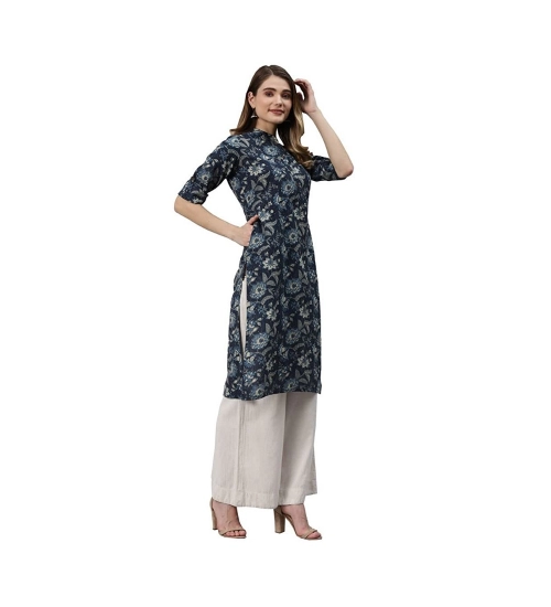 Generic Women's Cotton Printed Straight Kurti (Navy Blue, Cotton)