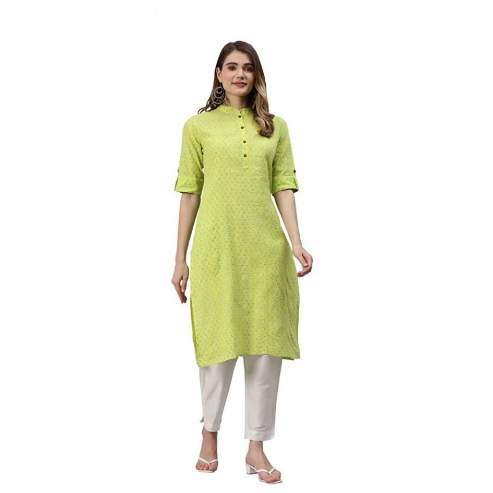 Generic Women's Cotton Printed Straight Kurti (Yellow, Green, Cotton)