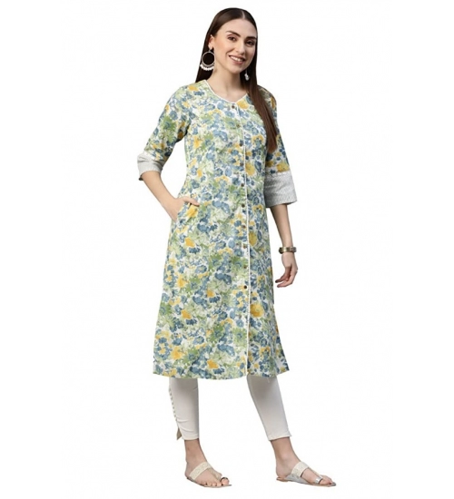 Generic Women's Cotton Printed  Straight Kurti (White, Green, Cotton)