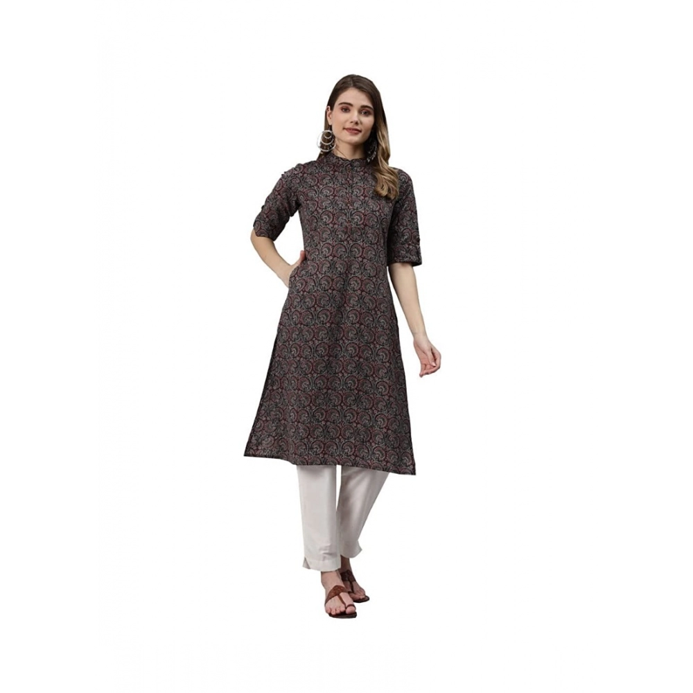 Generic Women's Cotton Printed Straight Kurti (Black, Cotton)