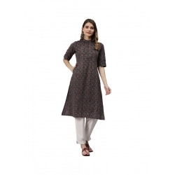 Generic Women's Cotton Printed Straight Kurti (Black, Cotton)