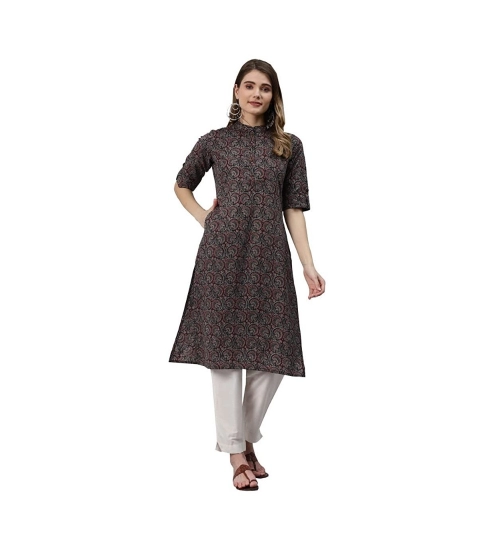 Generic Women's Cotton Printed Straight Kurti (Black, Cotton)