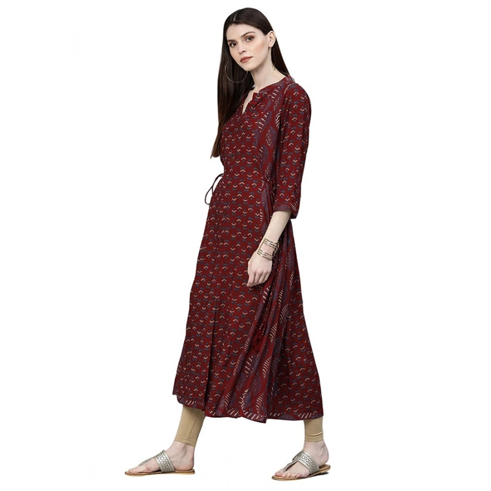 Generic Women's Rayon Printed Regular Kurti (Maroon, Rayon)