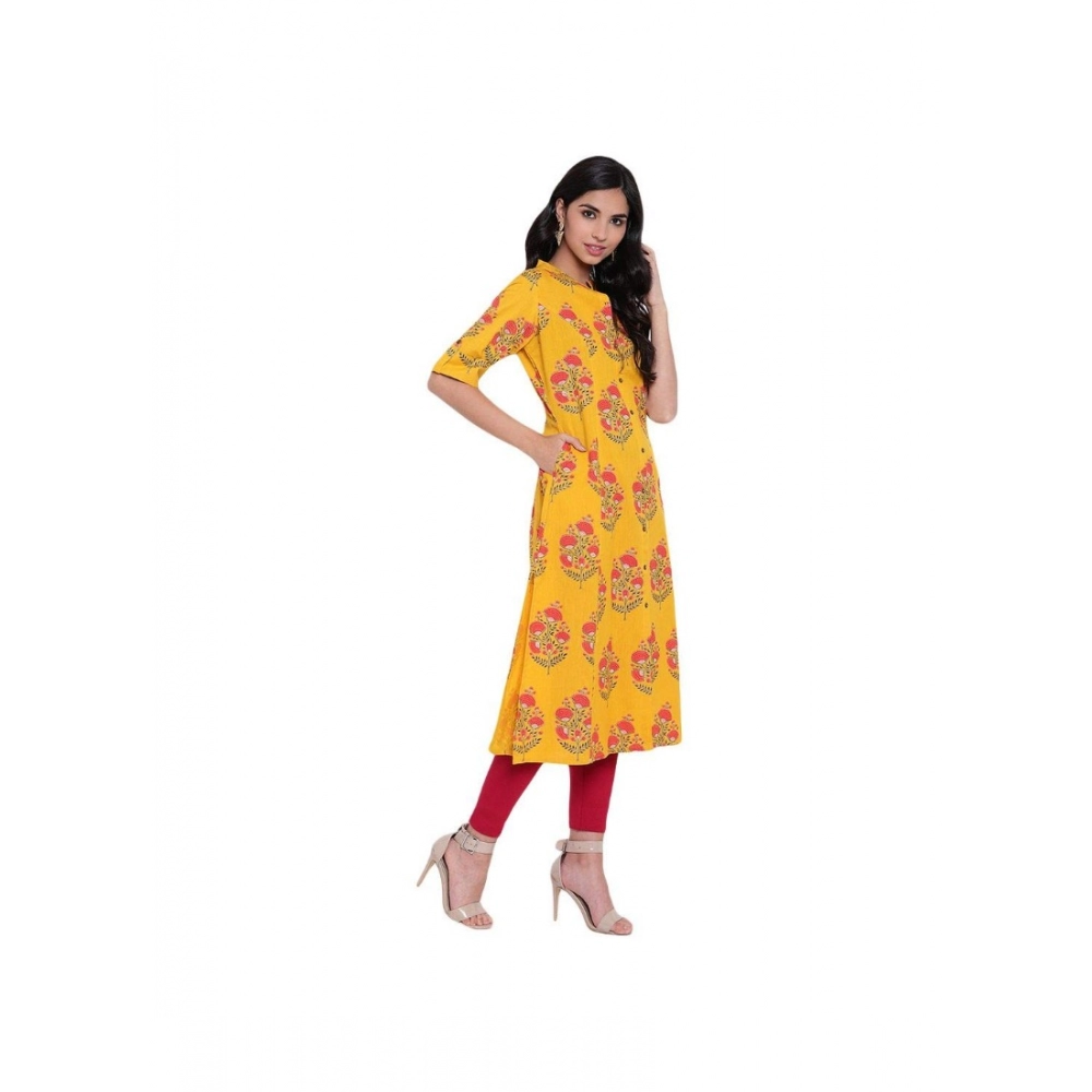 Generic Women's Khadi Printed A Line Kurti (Yellow, Khadi)
