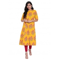 Generic Women's Khadi Printed A Line Kurti (Yellow, Khadi)