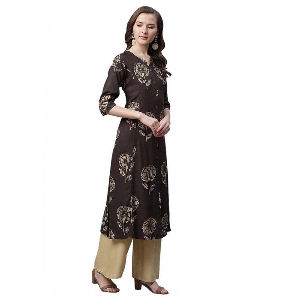 Generic Women's Rayon Printed Foil Print A Line Kurti (Coffee, Rayon)