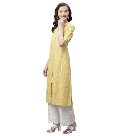 Generic Women's Pure Cotton Printed A Line Kurti (Yellow, Pure Cotton)