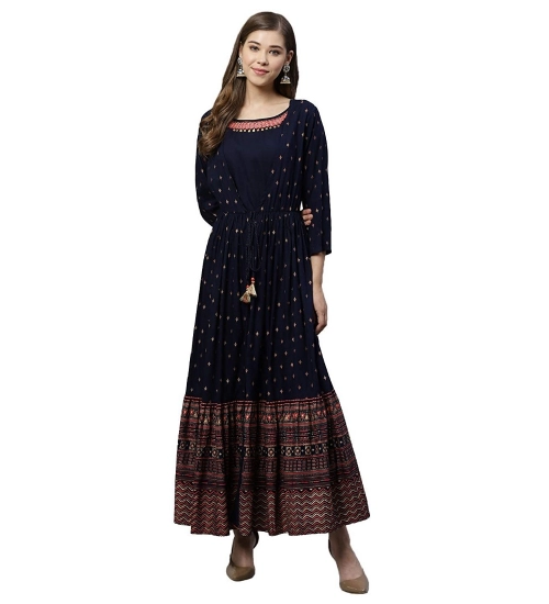 Generic Women's Rayon Printed Viscose Regular Kurti (Navy Blue, Rayon)