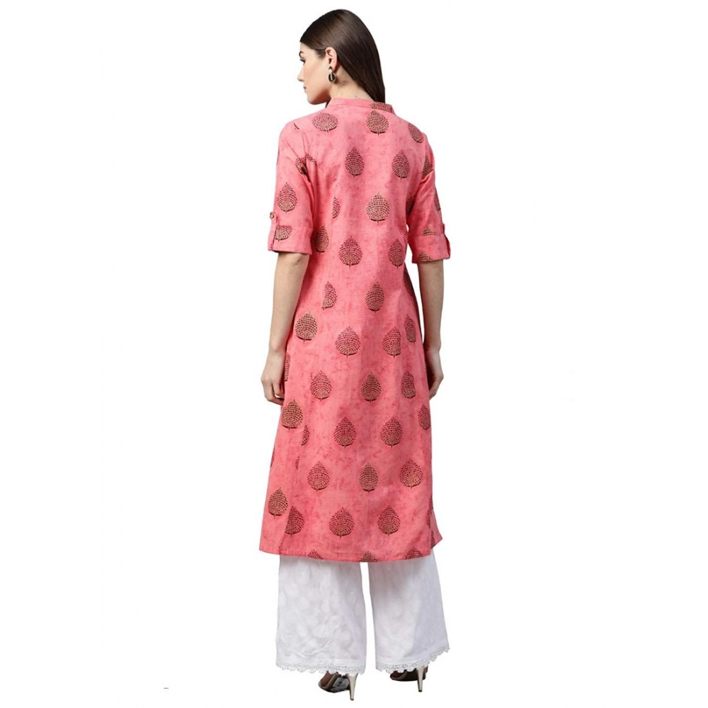 Generic Women's Cotton Printed A Line Kurti (Peach, Cotton)
