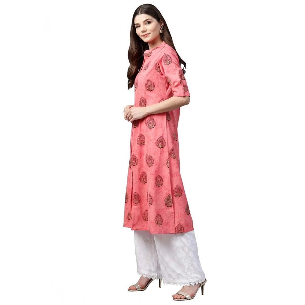 Generic Women's Cotton Printed A Line Kurti (Peach, Cotton)