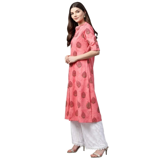 Generic Women's Cotton Printed A Line Kurti (Peach, Cotton)