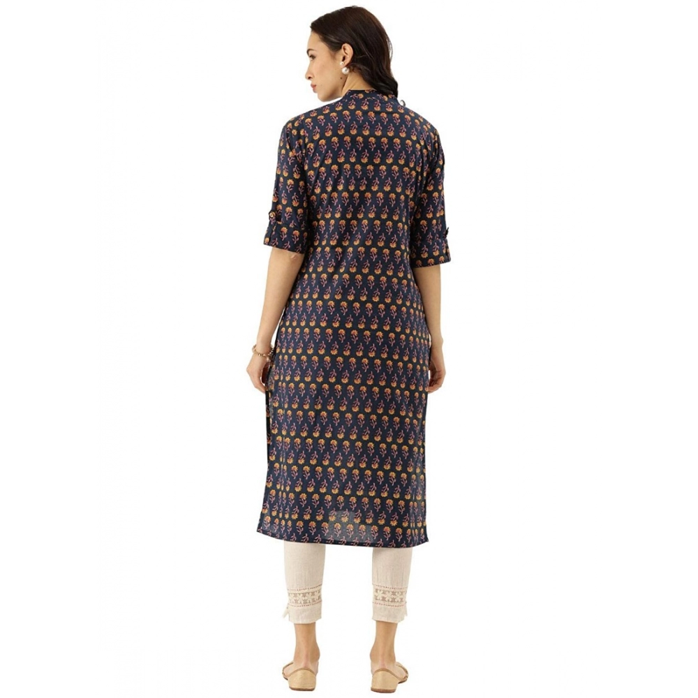 Generic Women's Cotton Printed Solid Kurti (Blue, Cotton)