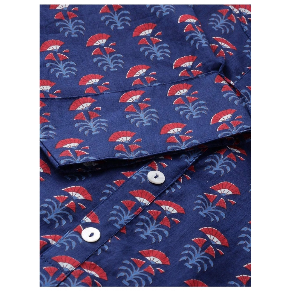Generic Women's Cotton Printed Straight Kurti (Navy Blue, Cotton)