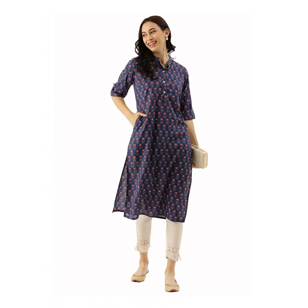 Generic Women's Cotton Printed Straight Kurti (Navy Blue, Cotton)