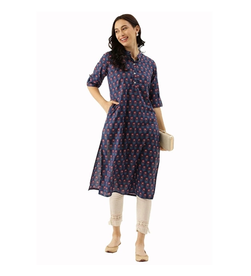 Generic Women's Cotton Printed Straight Kurti (Navy Blue, Cotton)