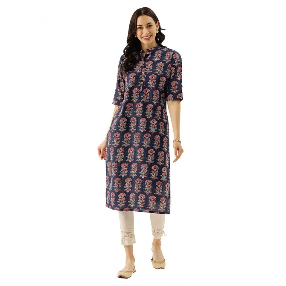 Generic Women's Cotton Printed Straight Kurti (Blue, Cotton)
