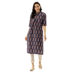Generic Women's Cotton Printed Straight Kurti (Blue, Cotton)