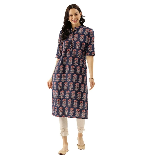 Generic Women's Cotton Printed Straight Kurti (Blue, Cotton)