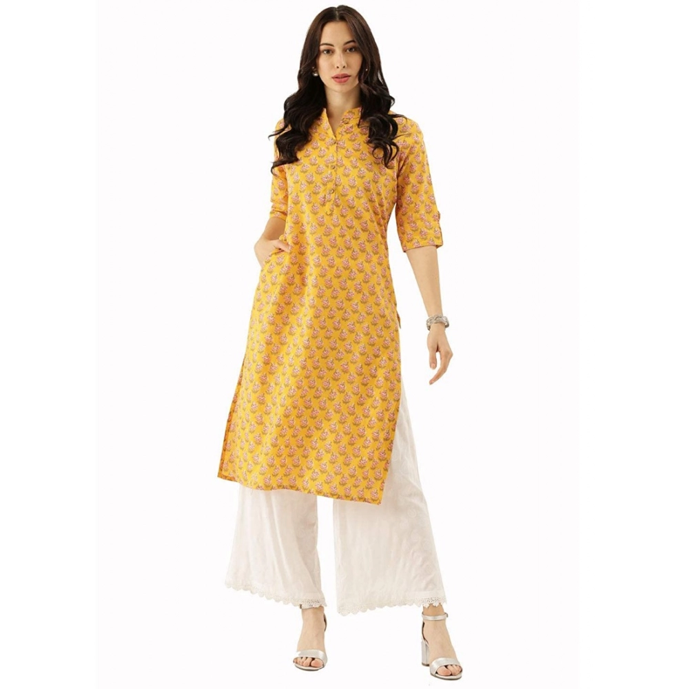 Generic Women's Cotton Printed Straight Kurti (Yellow, Cotton)