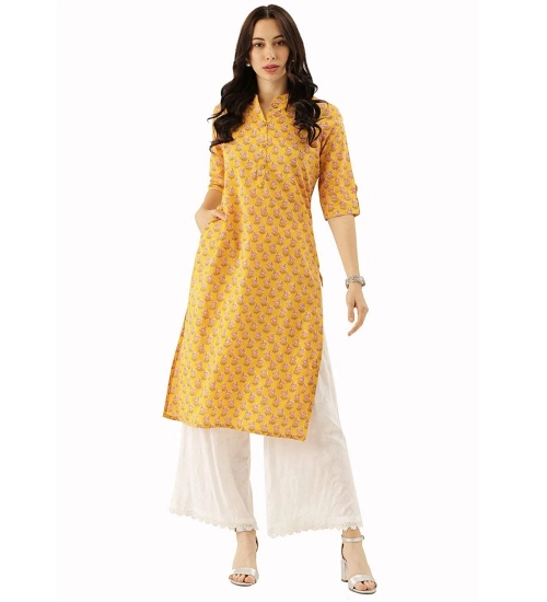 Generic Women's Cotton Printed Straight Kurti (Yellow, Cotton)