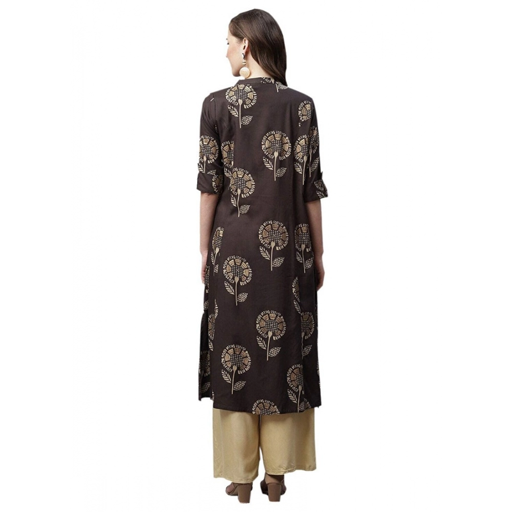 Generic Women's Rayon Printed Foil Print A Line Kurti (Coffee, Rayon)