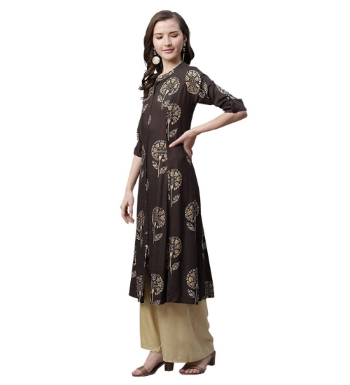 Generic Women's Rayon Printed Foil Print A Line Kurti (Coffee, Rayon)