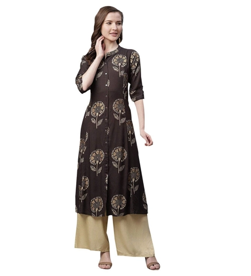 Generic Women's Rayon Printed Foil Print A Line Kurti (Coffee, Rayon)