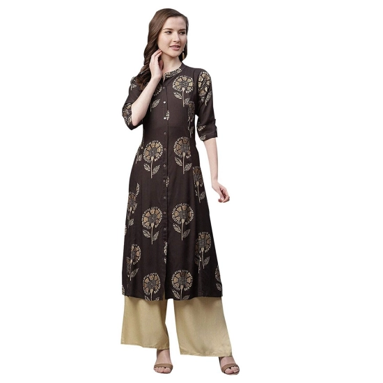 Generic Women's Rayon Printed Foil Print A Line Kurti (Coffee, Rayon)