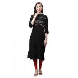 Generic Women's Pure Cotton Printed Straight Kurti (Black, Pure Cotton)
