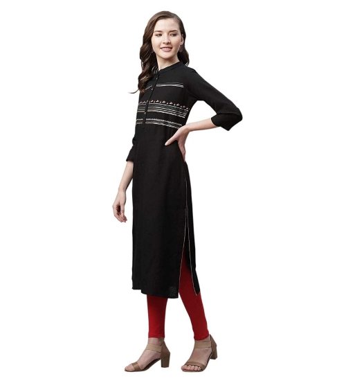 Generic Women's Pure Cotton Printed Straight Kurti (Black, Pure Cotton)