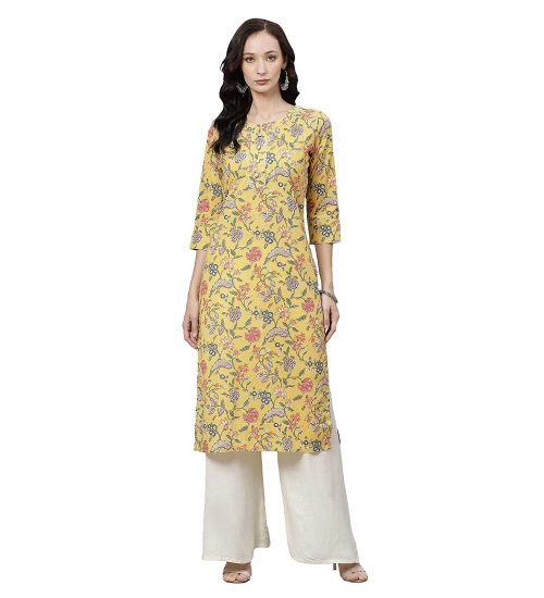 Generic Women's Cotton Printed Straight Kurti (Yellow, Cotton)