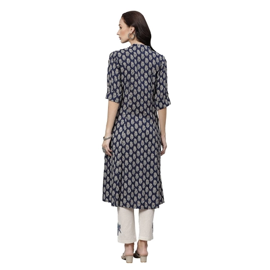 Generic Women's Rayon Printed A Line Kurti (Blue, Rayon)